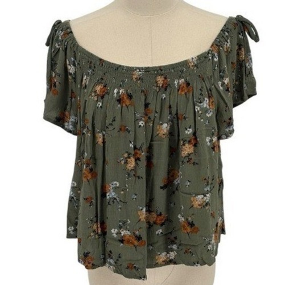 Xhilaration 100% Rayon Floral Green Off the Shoulder Flowy Crop Top (XL)